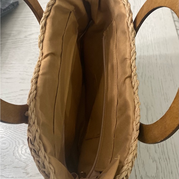 Boutique Tan & Cream Braided Woven Faux-Rattan Tote Clutch Handbag Wooden Handle - Picture 4 of 6